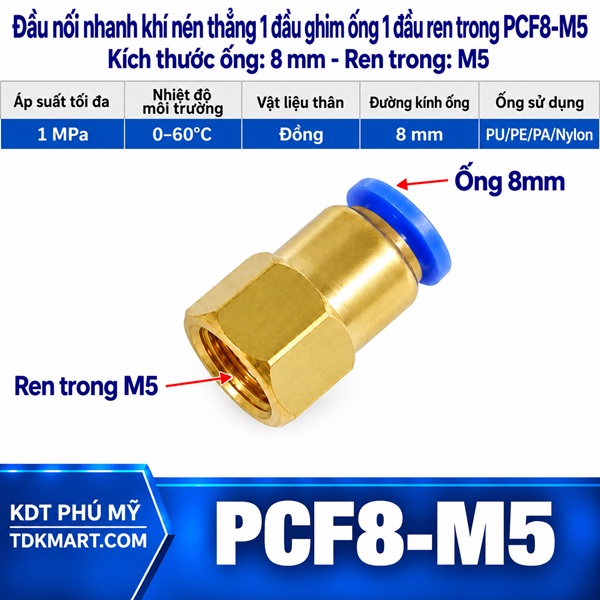 Đầu nối nhanh khí nén thẳng ống 8- Ren trong M5