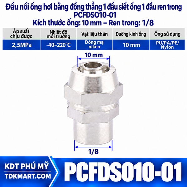 Đầu nối ống hơi thẳng bằng đồng 1 đầu siết ống 10 mm 1 đầu ren trong 1/8