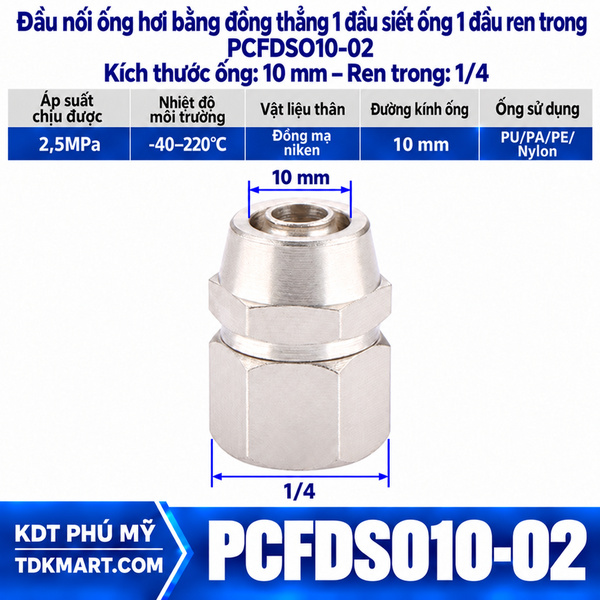 Đầu nối ống hơi thẳng bằng đồng 1 đầu siết ống 10 mm 1 đầu ren trong 1/4