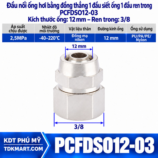 Đầu nối ống hơi thẳng bằng đồng 1 đầu siết ống 12 mm 1 đầu ren trong 3/8