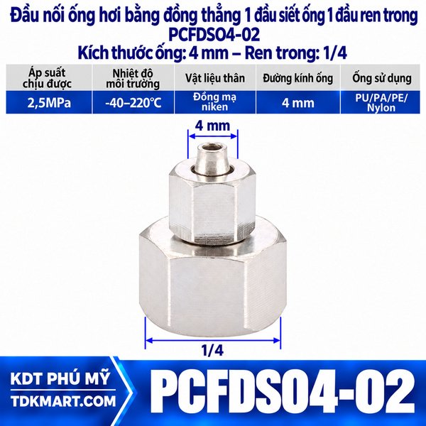 Đầu nối ống hơi thẳng bằng đồng 1 đầu siết ống 4 mm 1 đầu ren trong 1/4