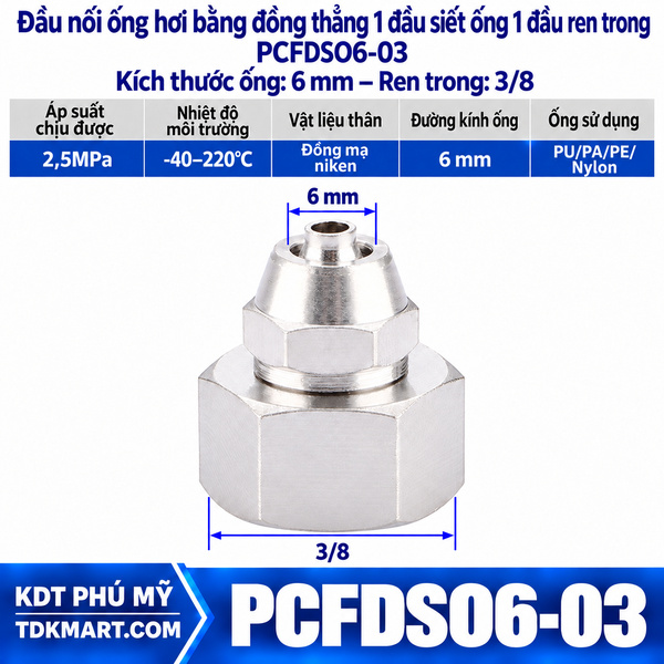 Đầu nối ống hơi thẳng bằng đồng 1 đầu siết ống 6 mm 1 đầu ren trong 3/8