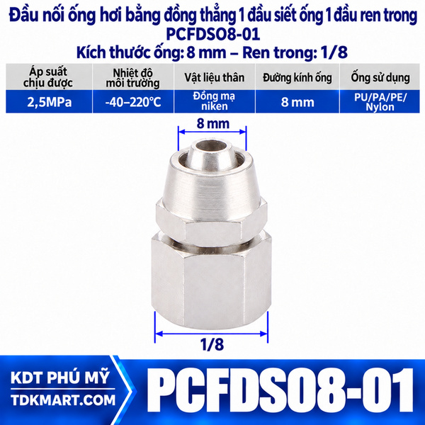 Đầu nối ống hơi thẳng bằng đồng 1 đầu siết ống 8 mm 1 đầu ren trong 1/8