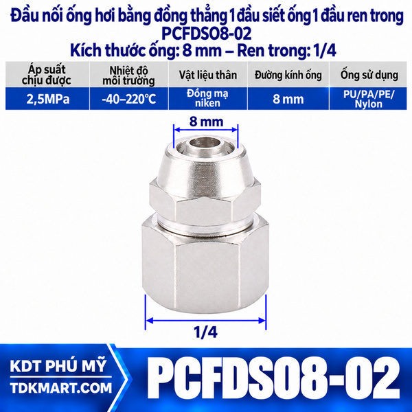 Đầu nối ống hơi thẳng bằng đồng 1 đầu siết ống 8 mm 1 đầu ren trong 1/4