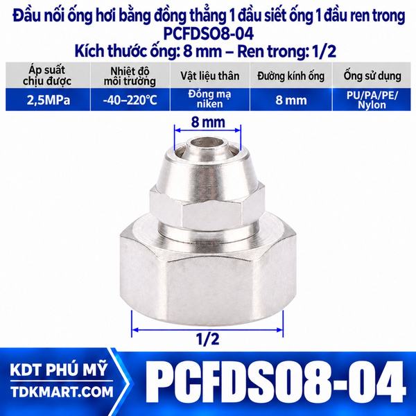 Đầu nối ống hơi thẳng bằng đồng 1 đầu siết ống 8 mm 1 đầu ren trong 1/2
