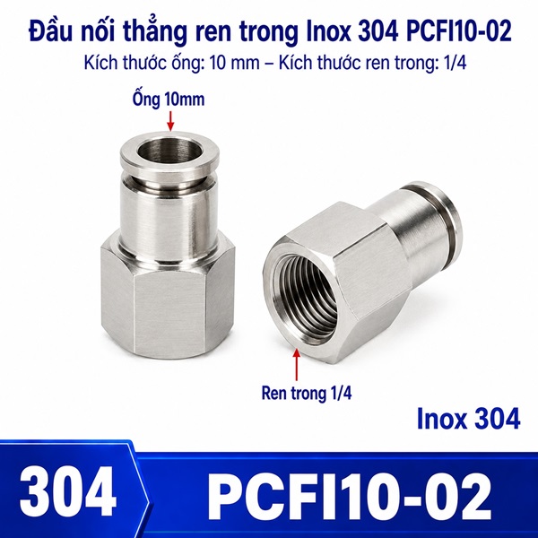 Đầu nối nhanh khí nén Inox 304 thẳng ống phi 10 mm ren trong 1/4