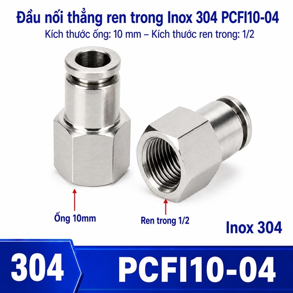 Đầu nối nhanh khí nén Inox 304 thẳng ống phi 10 mm ren trong 1/2