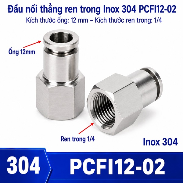 Đầu nối nhanh khí nén Inox 304 thẳng ống phi 12 mm ren trong 1/4