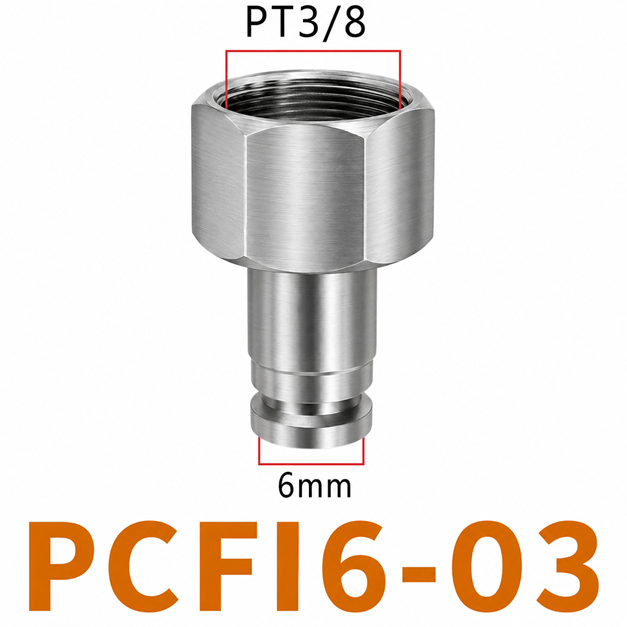 Đầu nối nhanh khí nén Inox 304 thẳng ống phi 6 mm ren trong 3/8