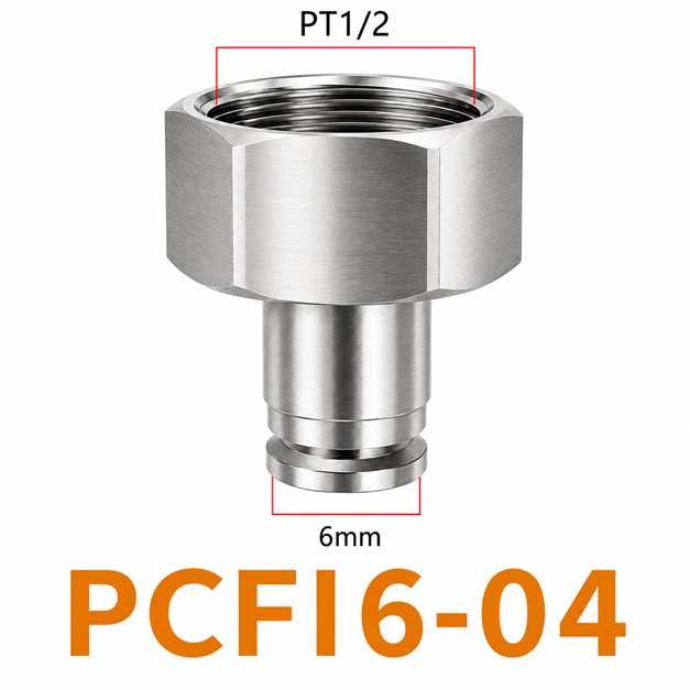 Đầu nối nhanh khí nén Inox 304 thẳng ống phi 6 mm ren trong 1/2