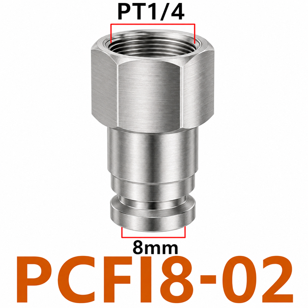 Đầu nối nhanh khí nén Inox 304 thẳng ống phi 8 mm ren trong 1/4