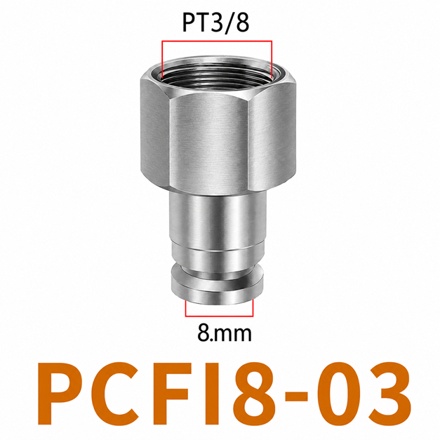 Đầu nối nhanh khí nén Inox 304 thẳng ống phi 8 mm ren trong 3/8