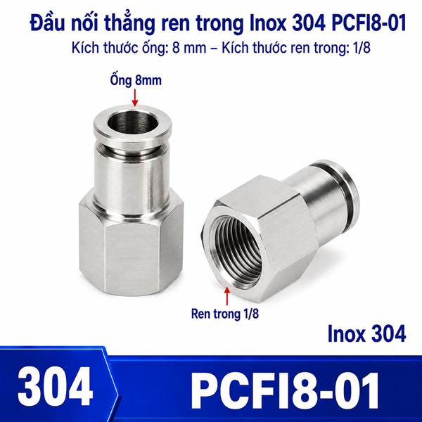 Đầu nối nhanh khí nén Inox 304 thẳng ống phi 8 mm ren trong 1/8