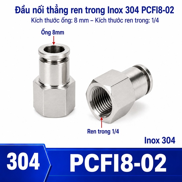 Đầu nối nhanh khí nén Inox 304 thẳng ống phi 8 mm ren trong 1/4