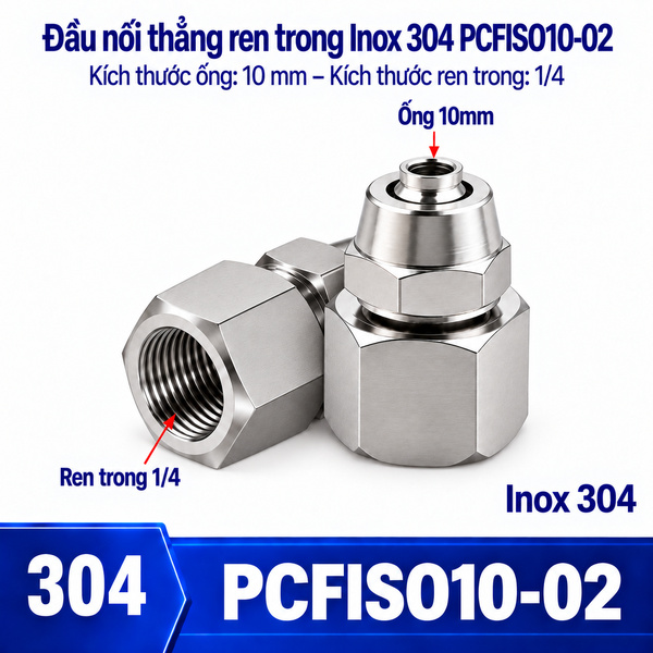 Đầu nối thẳng Inox 304 siết ống 10 mm – ren trong 1/4