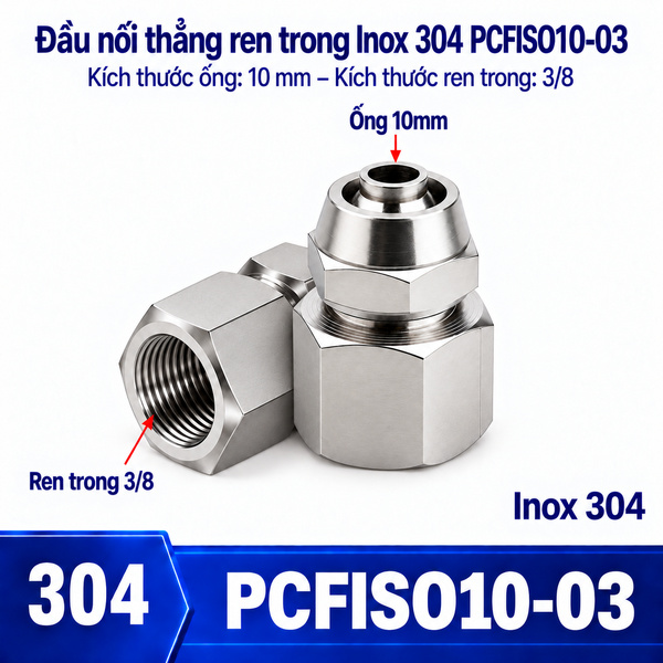 Đầu nối thẳng Inox 304 siết ống 10 mm – ren trong 3/8