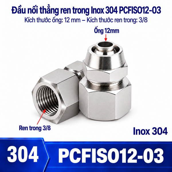 Đầu nối thẳng Inox 304 siết ống 12 mm – ren trong 3/8