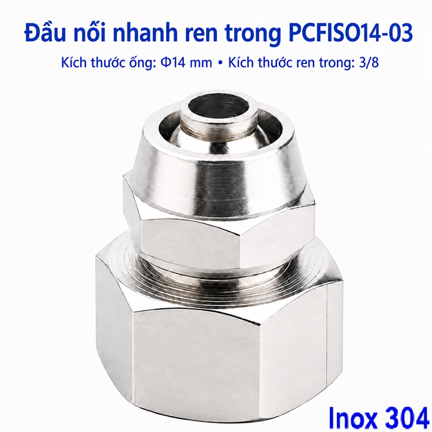 Đầu nối thẳng Inox 304 siết ống 14 mm – ren trong 3/8