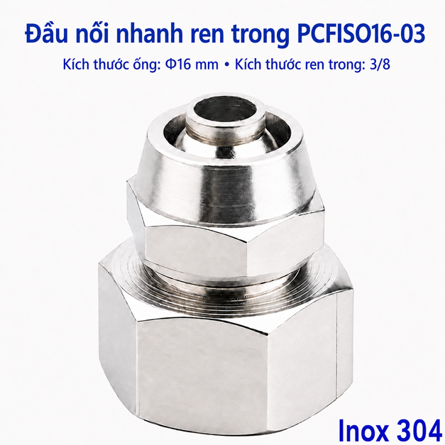 Đầu nối thẳng Inox 304 siết ống 16 mm – ren trong 3/8