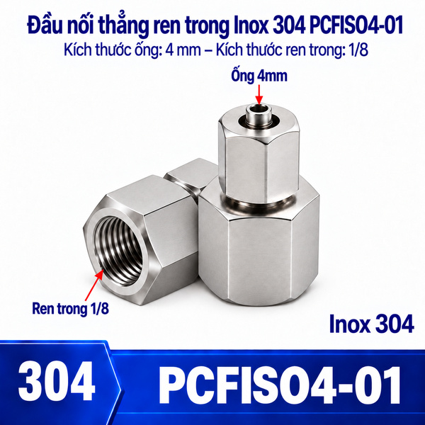 Đầu nối thẳng Inox 304 siết ống 4 mm – ren trong 1/8