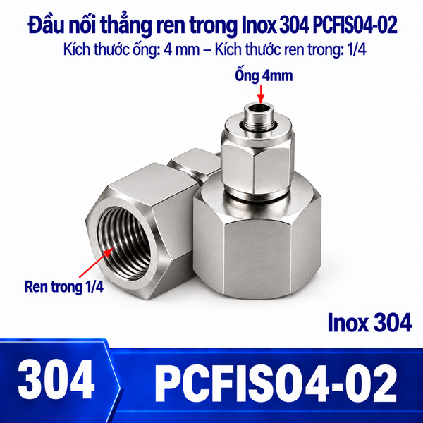 Đầu nối thẳng Inox 304 siết ống 4 mm – ren trong 1/4