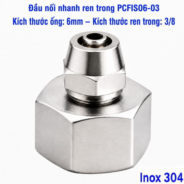 Đầu nối thẳng Inox 304 siết ống 6 mm – ren trong 3/8