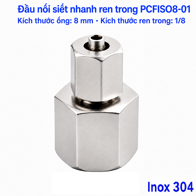 Đầu nối thẳng Inox 304 siết ống 8 mm – ren trong 1/8