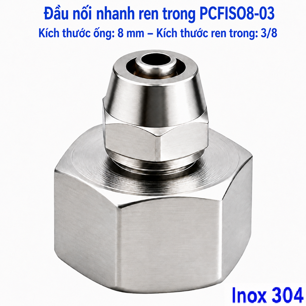 Đầu nối thẳng Inox 304 siết ống 8 mm – ren trong 3/8