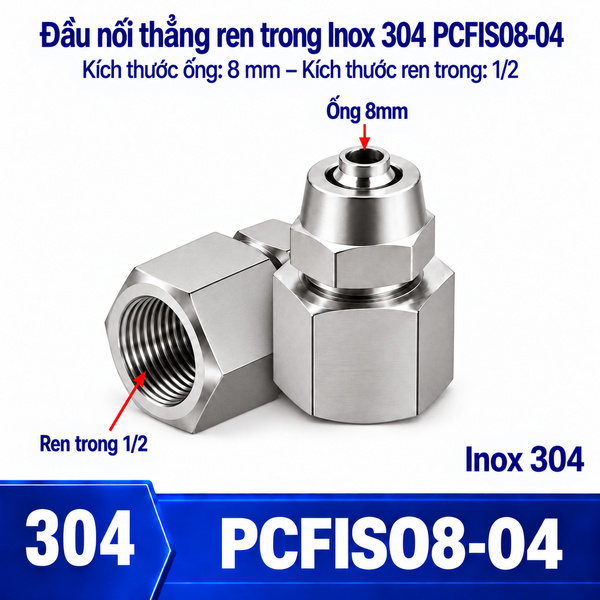 Đầu nối thẳng Inox 304 siết ống 8 mm – ren trong 1/2