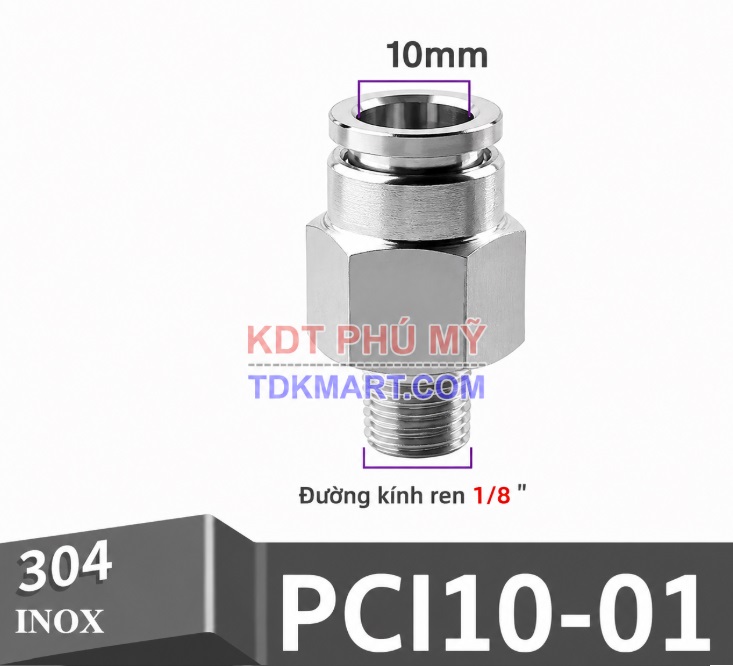 Đầu nối nhanh khí nén thẳng Inox 304 ghim ống 10 mm ren ngoài 1/8 inch