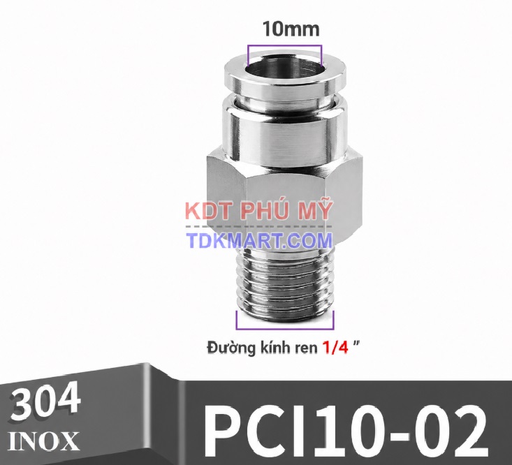 Đầu nối nhanh khí nén thẳng Inox 304 ghim ống 10 mm ren ngoài 1/4 inch