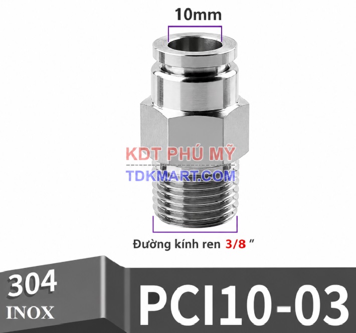 Đầu nối nhanh khí nén thẳng Inox 304 ghim ống 10 mm ren ngoài 3/8 inch