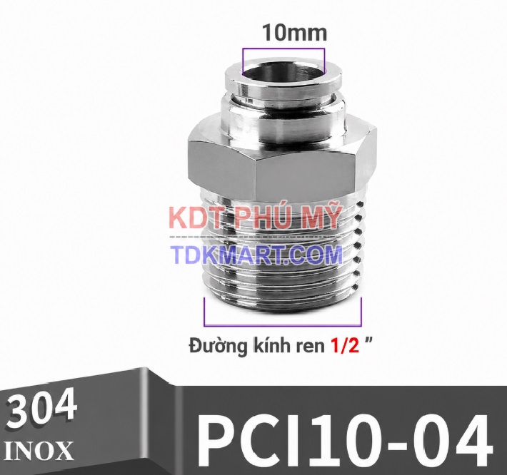 Đầu nối nhanh khí nén thẳng Inox 304 ghim ống 10 mm ren ngoài 1/2 inch