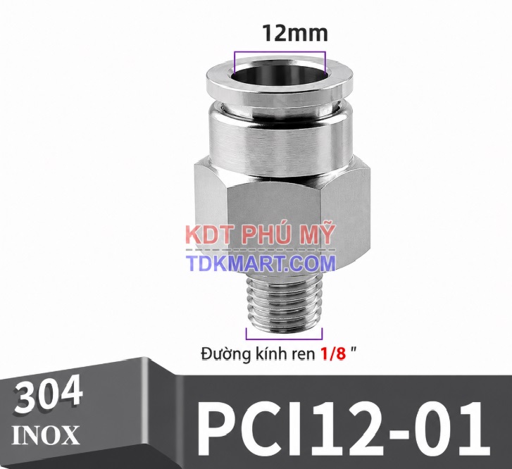 Đầu nối nhanh khí nén thẳng Inox 304 ghim ống 12 mm ren ngoài 1/8 inch