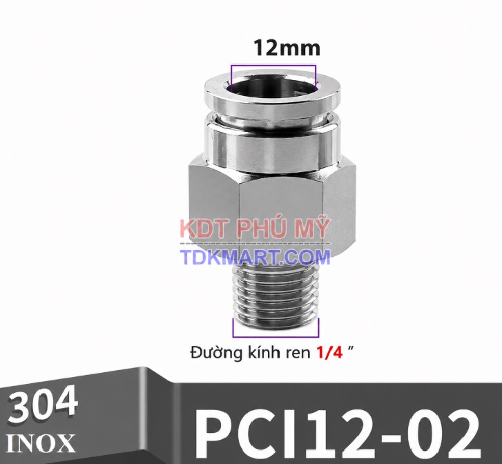 Đầu nối nhanh khí nén thẳng Inox 304 ghim ống 12 mm ren ngoài 1/4 inch