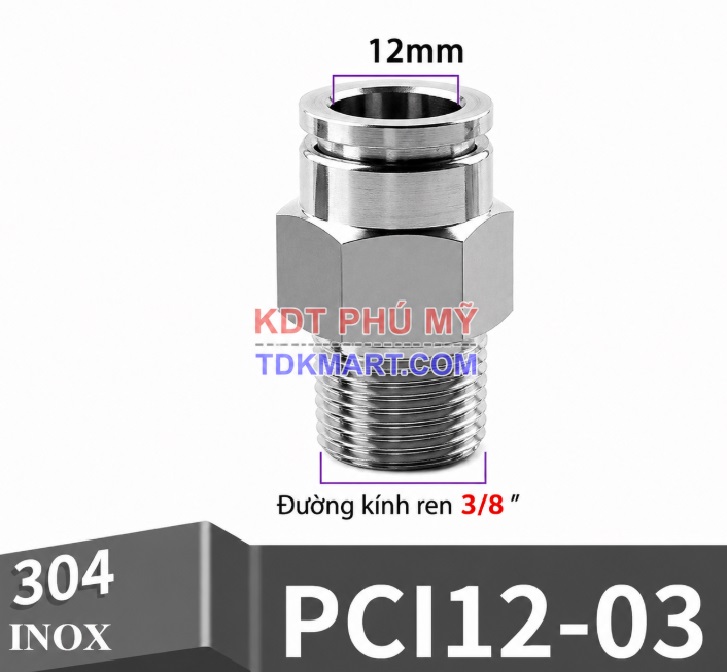Đầu nối nhanh khí nén thẳng Inox 304 ghim ống 12 mm ren ngoài 3/8 inch