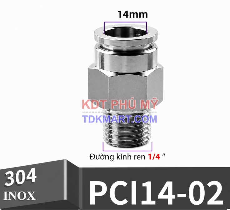 Đầu nối nhanh khí nén thẳng Inox 304 ghim ống 14 mm ren ngoài 1/4 inch