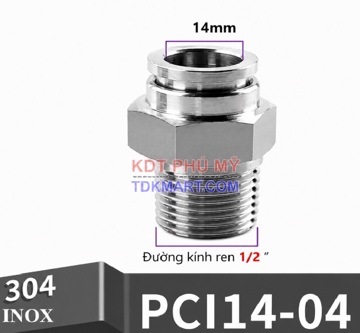 Đầu nối nhanh khí nén thẳng Inox 304 ghim ống 14 mm ren ngoài 1/2 inch