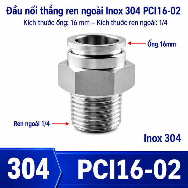 Đầu nối nhanh khí nén thẳng Inox 304 ghim ống 16 mm ren ngoài 1/4 inch