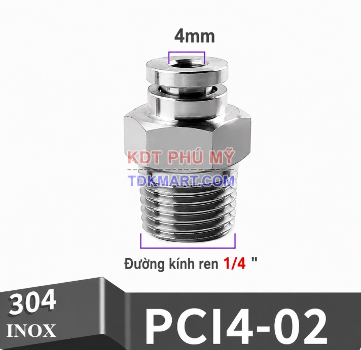 Đầu nối nhanh khí nén thẳng Inox 304 ghim ống 4 mm ren ngoài 1/4 inch