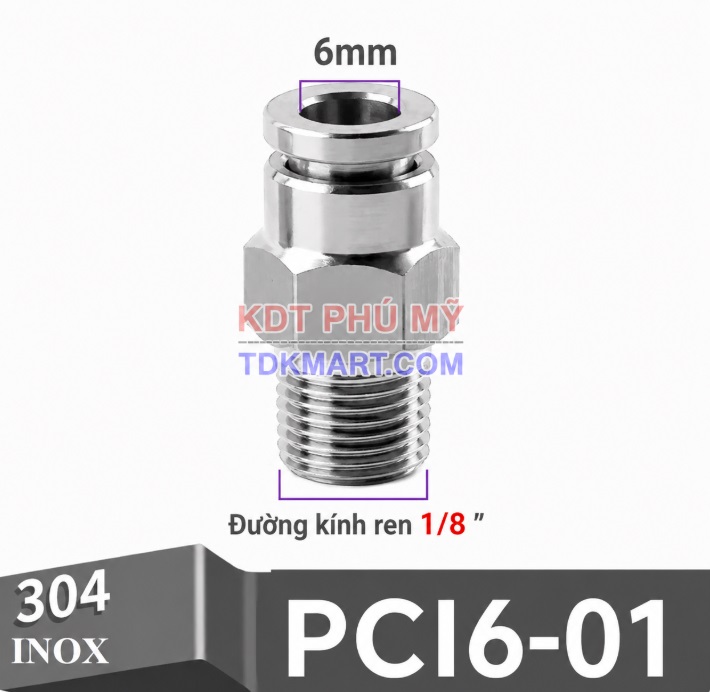 Đầu nối nhanh khí nén thẳng Inox 304 ghim ống 6 mm ren ngoài 1/8 inch