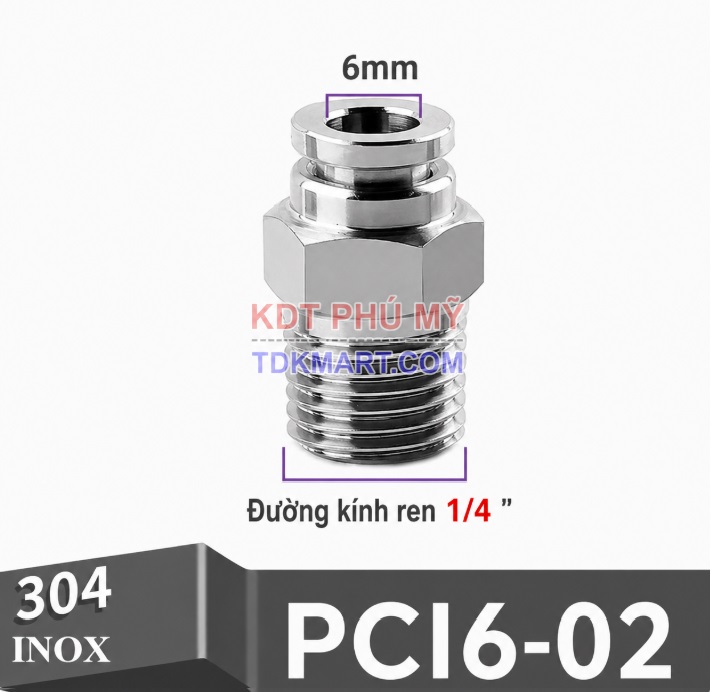 Đầu nối nhanh khí nén thẳng Inox 304 ghim ống 16 mm ren ngoài 1/4 inch