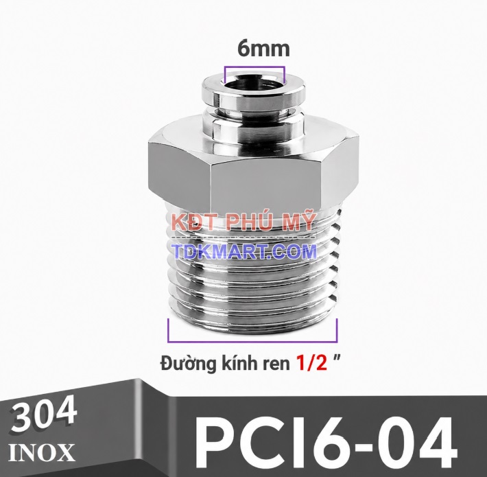 Đầu nối nhanh khí nén thẳng Inox 304 ghim ống 6 mm ren ngoài 1/2 inch
