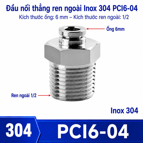 Đầu nối nhanh khí nén thẳng Inox 304 ghim ống 16 mm ren ngoài 1/2 inch