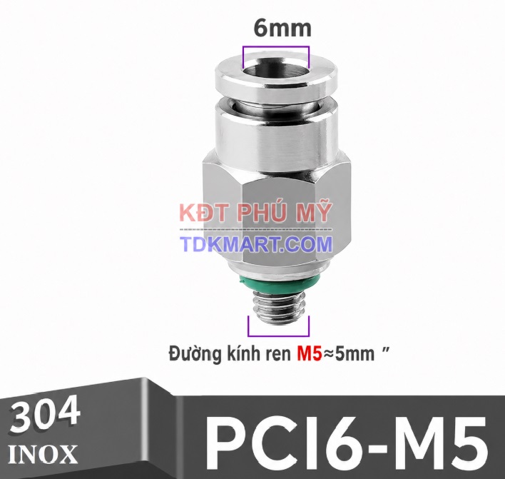 Đầu nối nhanh khí nén thẳng Inox 304 ghim ống 6 mm ren ngoài M5
