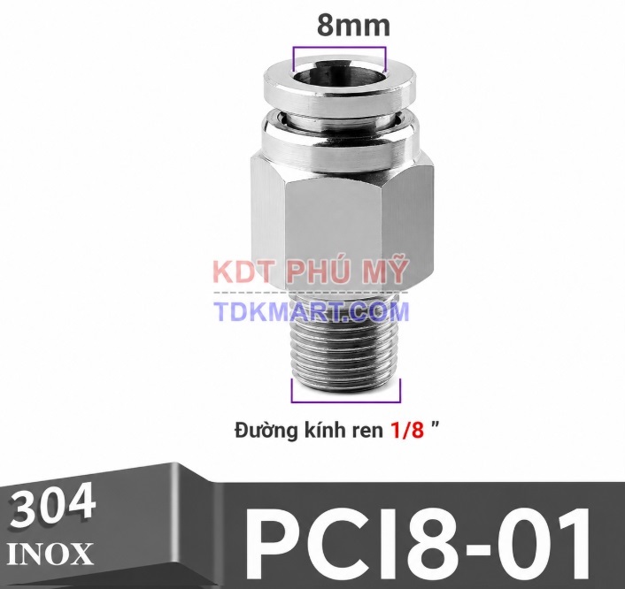 Đầu nối nhanh khí nén thẳng Inox 304 ghim ống 8 mm ren ngoài 1/8 inch