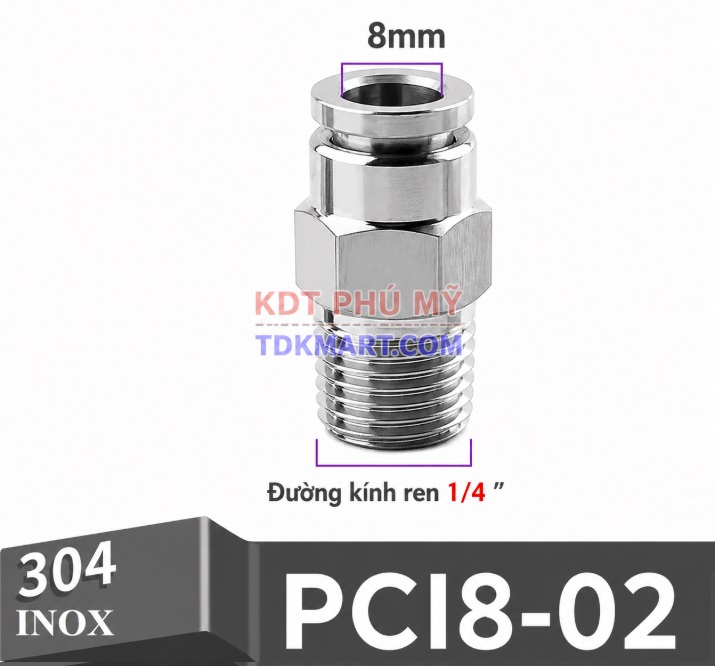 Đầu nối nhanh khí nén thẳng Inox 304 ghim ống 8 mm ren ngoài 1/4 inch