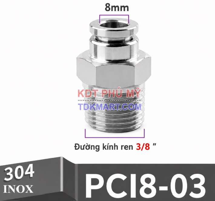 Đầu nối nhanh khí nén thẳng Inox 304 ghim ống 8 mm ren ngoài 3/8 inch