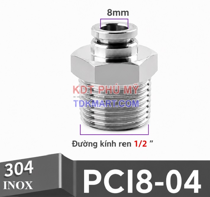 Đầu nối nhanh khí nén thẳng Inox 304 ghim ống 8 mm ren ngoài 1/2 inch