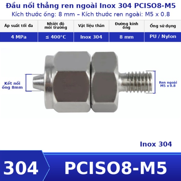 Nối thẳng inox 304 có 1 đầu siết ống 8 và 1 đầu ren ngoài M5